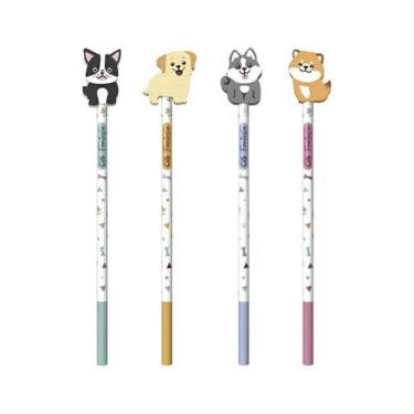Imagem de Kit com 4 Lápis HB Fantasia com Borracha Pets Escrever Escolar Fofo Co