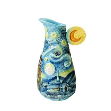 Imagem de FORLONG Vaso de cerâmica pintado à mão com céu estrelado de Van Gogh, suporte para buquê de decoração de casa - 22 cm de altura