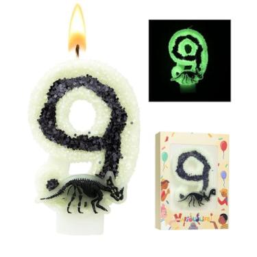 Imagem de Vela de aniversário de dinossauro que brilha no escuro número 9 para festa temática de esqueleto jurássico menino