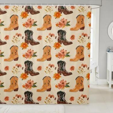 Imagem de Manfei Cortinas de chuveiro infantil Western Cowboy, botas de caubói rústicas, cortinas de banheiro para meninos e meninas, flores plantas, bege, retrô, impermeável, cortinas, 12 ganchos, 182 cm L x