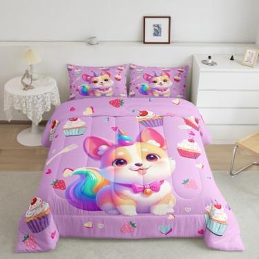 Imagem de Manfei Conjunto de edredom infantil com desenho de unicórnio Corgi tamanho king, laço de morango e princesa, decoração de quarto de meninas, meninos, sobremesa, coração, fofo, edredom elegante, 2