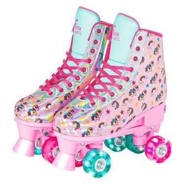 Imagem de Patins Roller 4 Rodas Com Luzes Infantil Ajustável 31-34 Cor Rosa Holo