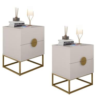 Imagem de Kit 2 Mesas de Cabeceira Estilo Industrial 2 Gavetas Puxador Lua - LH Móveis (Off White/Pé Dourado)