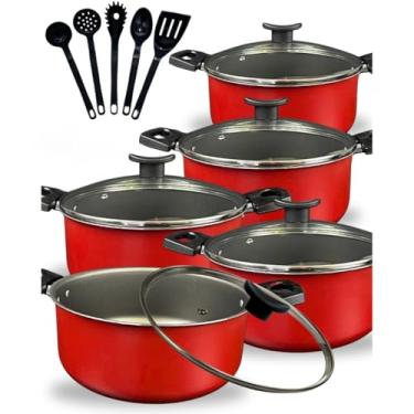 Imagem de Jogo Conjunto Panelas Caçarolas 10 peças Antiaderente Teflon Tampa de Vidro e Utensílios Nylon (Vermelho)