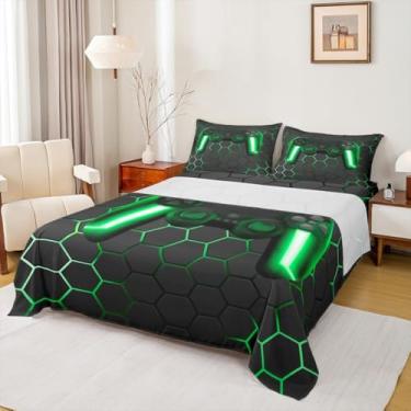 Imagem de Erosebridal Lençóis De Jogo Para Meninos, Conjunto Completo Jogo, Tabuleiro Plano Crianças, Luzes Neon, Controle Adolescentes, Cama E Fronhas Com Padrão Geométrico Favo Mel Hexágono, Verde Cinza
