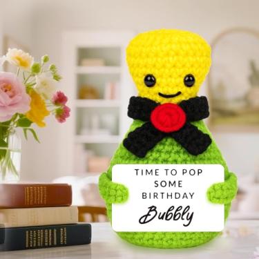 Imagem de Presente de aniversário feito à mão com champanhe em crochê – Decoração de celebração fofa para amigos, família, marido, esposa, namorado, namorada, festa pequena decoração para Natal, Ano Novo