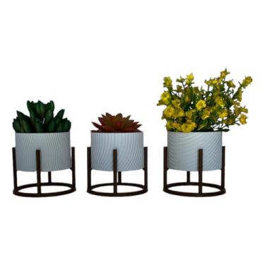 Imagem de Kit 3 Vasos Cachepot Design Ondas + Suporte Decoração Interiores Escritório(Branco)