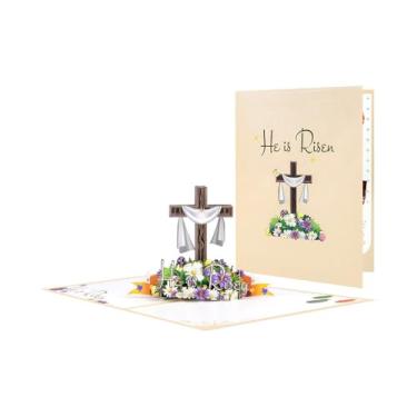 Imagem de Cartão de felicitações pop-up com cruz sagrada floral de Páscoa 3D com celebração religiosa primavera decoração cristã