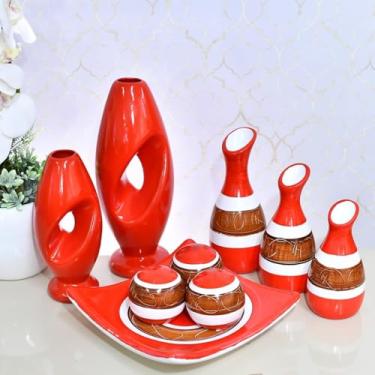 Imagem de Kit 9 Jarros Decorados Trio Vaso Ceramica Enfeite Centro Mesa Sala Enfeite Casa Rack Aparador Nicho Jarros Decorativos Para Sala(VERMELHO DS 9PÇS)