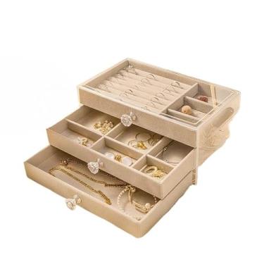 Imagem de Porta Joias Acrílico Com 3 Camadas Brinco Anel Compartimento Caixa de Armazenamento de Jóias (BEGE)