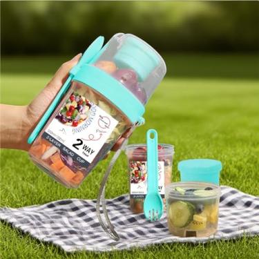 Imagem de Copo de salada de 2 camadas com colher e recipiente de molho de 765 g Recipiente portátil para café da manhã com tampas e garfo para piquenique de viagem