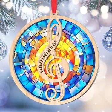 Imagem de Enfeites de Natal 2025 - Enfeite de clave de agudos - Decoração de notas musicais estilo vitral - Presente de apanhador solar acrílico de madeira para músicos, professores, coro, amantes da música