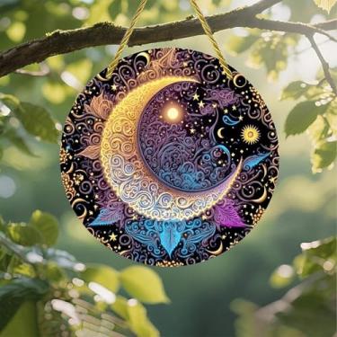 Imagem de Acrílico colorido Suncatcher, lua ornamentada, mandala, 17,78 cm, decoração de parede de janela suspensa com design de vitral impresso, ideia de presente e ornamento de jardim, uso interno e externo