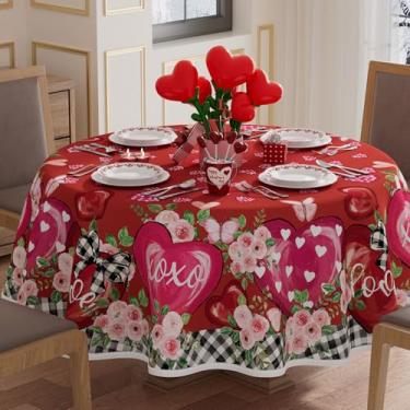 Imagem de XCHI Toalha de mesa em aquarela preta, xadrez, coração, flores, dia dos namorados, toalha de mesa redonda, toalha de mesa lavável, para decoração de festa em casa, 152 x 152 cm