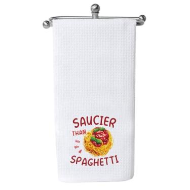 Imagem de PXTIDY Toalha de cozinha espaguete presente para amantes de espaguete presentes de chef de macarrão italiano prato toalha de chá (mais picante do que espaguete)