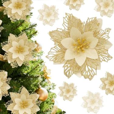 Imagem de WEIDOLLAR Poinsétia com glitter para árvore de Natal, 12 peças de flores artificiais de Natal com clipes, hastes, enfeites de árvore de Natal para decoração de guirlanda de festa, faça você mesmo