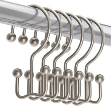 Imagem de Titanker Ganchos de cortina de chuveiro de níquel fosco, anéis de cortina de chuveiro deslizantes duplos minimalistas, anéis de metal à prova de ferrugem para varões de chuveiro de banheiro, conjunto