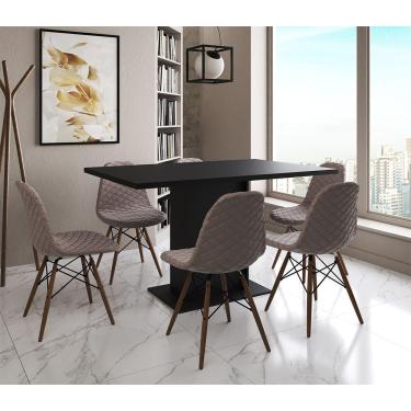 Imagem de Mesa Jantar Londres Retangular Preta 137X90Cm 6 Cadeiras Estofadas Nude Médio Madeira