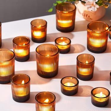 Imagem de Mumufy 48 peças de castiçais votivos variados de vidro canelado, suporte de vela para mesa central, chá de bebê, decoração de casa e festa de casamento (âmbar)