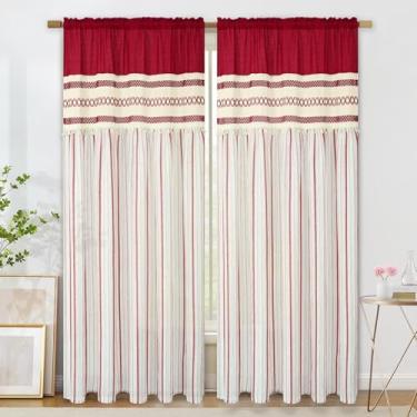Imagem de FRAMICS Cortinas de linho para sala de estar, cortina de janela listrada vermelha, cortinas de fazenda para quarto, boho, crochê, 203 cm de comprimento, conjunto de 2 painéis, cortinas de bolso para