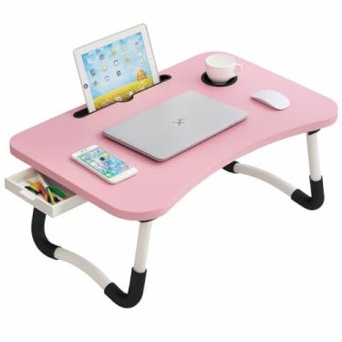 Imagem de Mesa Notebook Cama, Mesa Portátil Dobrável com Gaveta para Notebook Home Office Estudo Refeição Cama com Porta Copo Mdf(Rosa)