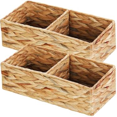 Imagem de Vagusicc Cesta de armazenamento de vime com 2 seções, conjunto de 2 cestas de armazenamento de jacinto de água tecidas à mão, cesta de vaso sanitário, cestas de vime pequenas, cestas de tecido, cestas