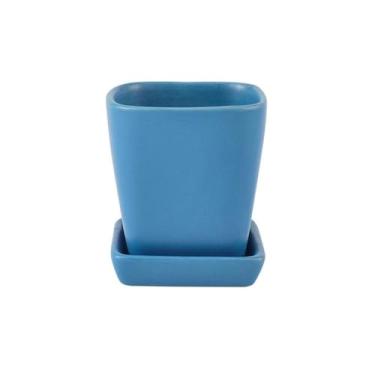 Imagem de Vasos de flores em forma quadrada com orifícios de drenagem e bandeja de pires, vaso de cerâmica de mesa para varanda, sala de estar, quarto, peitoril da janela, vasos de flores decorativos (azul)