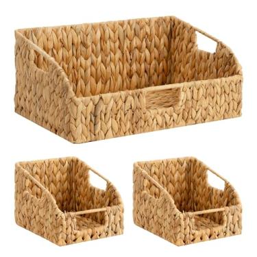 Imagem de StorageWorks Cestas de armazenamento para despensa de jacinto de água, cestas de vime com alças embutidas, cestas de prateleira tecidas à mão para organização, organizadores de despensa e