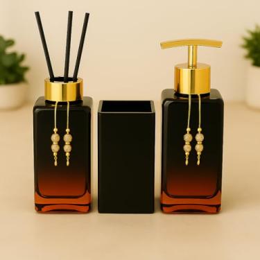 Imagem de Kit Banheiro Luxo Square – Sabonete Líquido, Difusor Aromatizante e Porta Escova de Vidro Decorativo 250ml (Preto Rose C/Dourado)