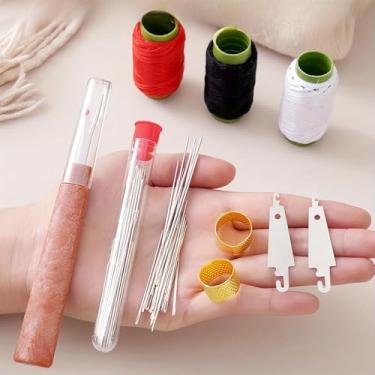 Imagem de Kit de bordado grande de 34 peças para idosos - Agulhas de mão com linha, 3 fios de poliéster corrugado e tubo de armazenamento - Conjunto completo de agulhas para bordado doméstico, artesanato