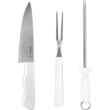 Imagem de Kit para Churrasco 3 Peças – Faca Garfo e Amolador em Aço Inoxidável com Cabo Branco Resistente e Durável