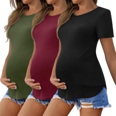 Imagem de Camisetas de maternidade Ekouaer de malha elástica canelada preta/verd