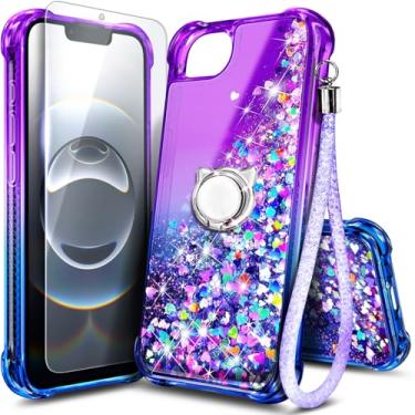 Imagem de Capa NGB projetada para iPhone 16e, roxa/azul | Capa fofa com glitter líquido brilhante para mulheres, meninas e crianças | com protetor de tela de vidro temperado, suporte de anel e alça de pulso
