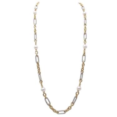 Imagem de Rosemarie & Jubalee Colar longo feminino de corrente de elos de dois tons, ouro e prata com detalhes em pérola, fecho articulado, 91 cm