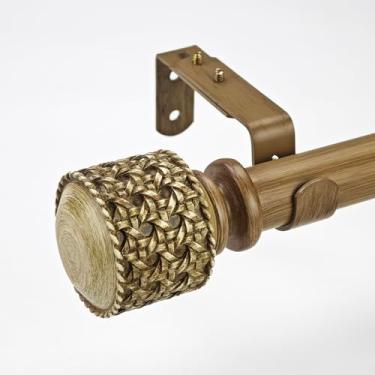 Imagem de ILAISIHOME Varões de cortina de madeira sintética de 3,8 cm de diâmetro com remates de tecido de bengala de vime falso, hastes de cortina individuais telescópicas de 91 a 182 cm para largura de janela