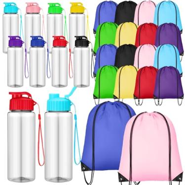 Imagem de Skybooly Conjunto de 40 garrafas de água de plástico de 500 ml e mochila com cordão, reutilizável, flip top, à prova de vazamento, com alça para adultos, esportes, academia, viagem, festa ao ar livre