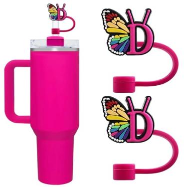 Imagem de Lindas capas de canudo com letra inicial para copos Stanley 20/30/1,134.0 g - tampas à prova de poeira de 10 mm/0,4 pol. - Protetor reutilizável para canudos de 9 a 10 mm, 2 peças