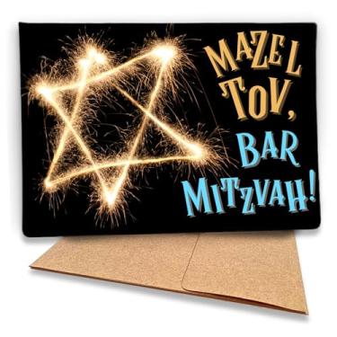 Imagem de Fava Bean Productions Cartão Bar Mitzvah para meninos, (Mazel Tov) Parabéns a um jovem judeu, design de estrela de Davi de fogos de artifício (1 cartão premium com envelope) - 151