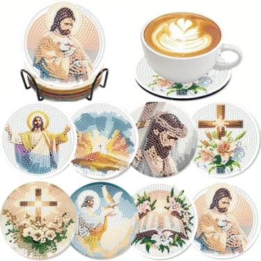 Imagem de 8 peças Jesus Diamond Art Coasters Kit de porta-copos de pintura de diamante cristão com suporte para iniciantes, kits de artesanato religioso para porta-copos DIY para adultos como presente de