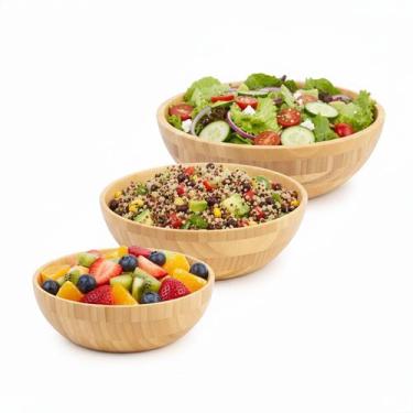 Imagem de Kit Com 3 Saladeiras Bowl De Bambu Tigelas 18cm 24cm 30cm - mori, P, M