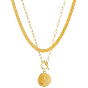 Imagem de Colar feminino de corrente empilhável ouro OT com pingente, banhado a ouro 18 K delicados colares femininos com pingente, Large, Metal banhado a ouro 18k, Sem Pedra Preciosa