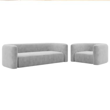Imagem de Kit Sofá 2 Lugares 160cm E Poltrona Orgânica Luxo Recepção Melina Linho - Amarena Moveis Cinza Claro