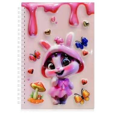 Imagem de omatek smart technologies Caderno espiral com capa brilhante 3D A5 – Caderno de capa dura fofo com 80 folhas – Caderno escolar para crianças, meninas e meninos – Bunny Dreams
