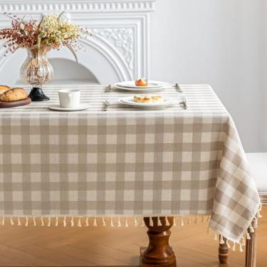 Imagem de Toalha de mesa xadrez retangular de algodão e linho com borla, lavável, sem vincos, capa de mesa xadrez búfalo resistente para jantar/festa/piquenique (bege, 140 cm x 259 cm (retangular))