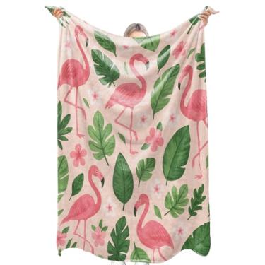 Imagem de zbezbe Cobertor de flanela flamingo, folha tropical e desenho animado em fundo rosa, cobertores leves 152 x 127 cm, estampa de um lado para sofá, cama, decoração de verão, presentes para adultos