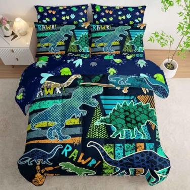 Imagem de AILONEN Jogo de cama para meninos, Queen, dinossauro verde, 7 peças, edredom e lençol de cima, 2 fronhas, 2 fronhas, microfibra macia