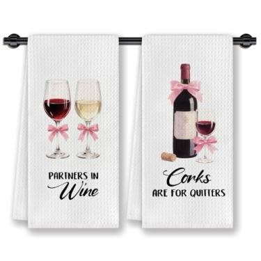 Imagem de CosxHabitat Toalhas de prato engraçadas de cozinha de vinho, presentes para amantes de vinho, amantes de bebedores, rolhas são para desistentes, copos de laço rosa, toalhas de chá de mão decorativas