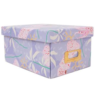 Imagem de MIZFRUZZY Caixa de armazenamento decorativa com tampa, dobrável, lula roxa, moldura de etiqueta de metal, elegante, caixa de lembrança de papelão e papelão, armazenamento de fotos para memória