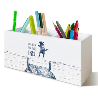 Imagem de YTRGI Organizador de lápis Go Jump in the Lake para mesa, presentes para amantes do lago, placa de bloco de madeira engraçada para cachorro à beira do lago para decoração de mesa de escritório em casa