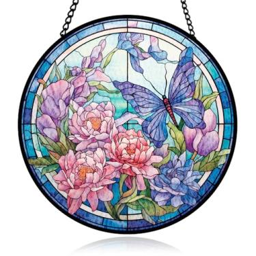 Imagem de Pingente de janela de vitral de borboleta roxa, painel de apanhador de sol roxo para ambientes internos e externos, ornamento de vidro violeta para varanda, decoração de parede de varanda, presentes